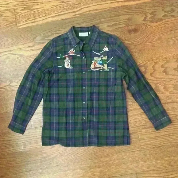 Vintage Plaid Christmas Snowman Embroidered Shirt size Medium Ugly Christmas - Picture 2 of 9